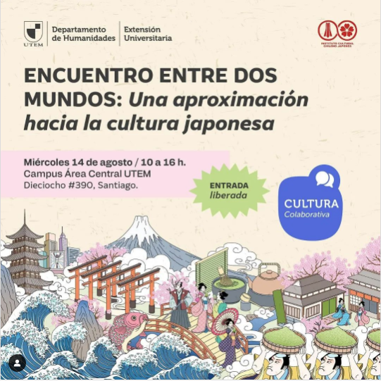 imagen con el texto "encuentro entre ds mundos, una aproximacion hacia la cultura japonesa" sobre una ilustración decorativa